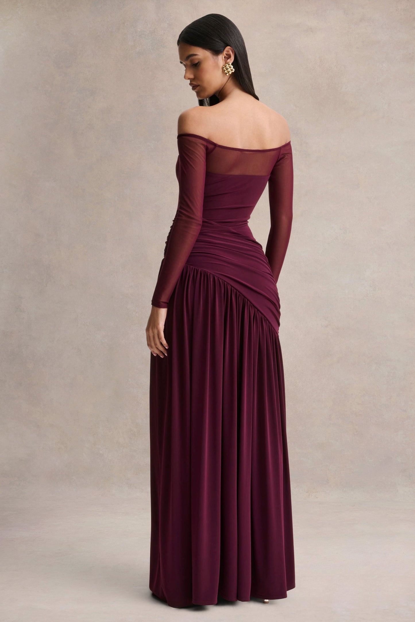 Luminary | Dark Plum Bardot-Neck Maxi Dress With Mesh Sleeves