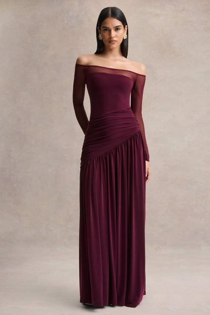 Luminary | Dark Plum Bardot-Neck Maxi Dress With Mesh Sleeves