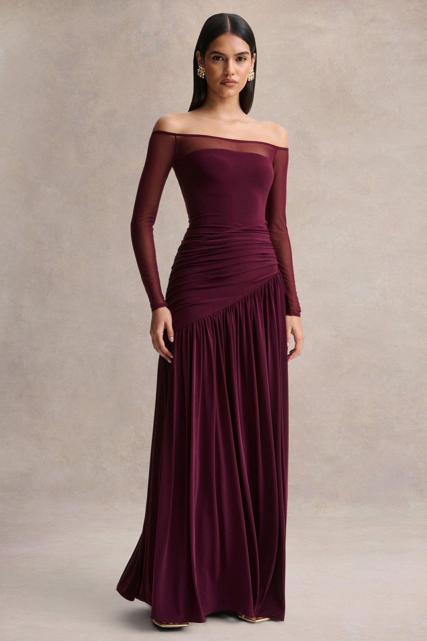 Luminary | Dark Plum Bardot-Neck Maxi Dress With Mesh Sleeves