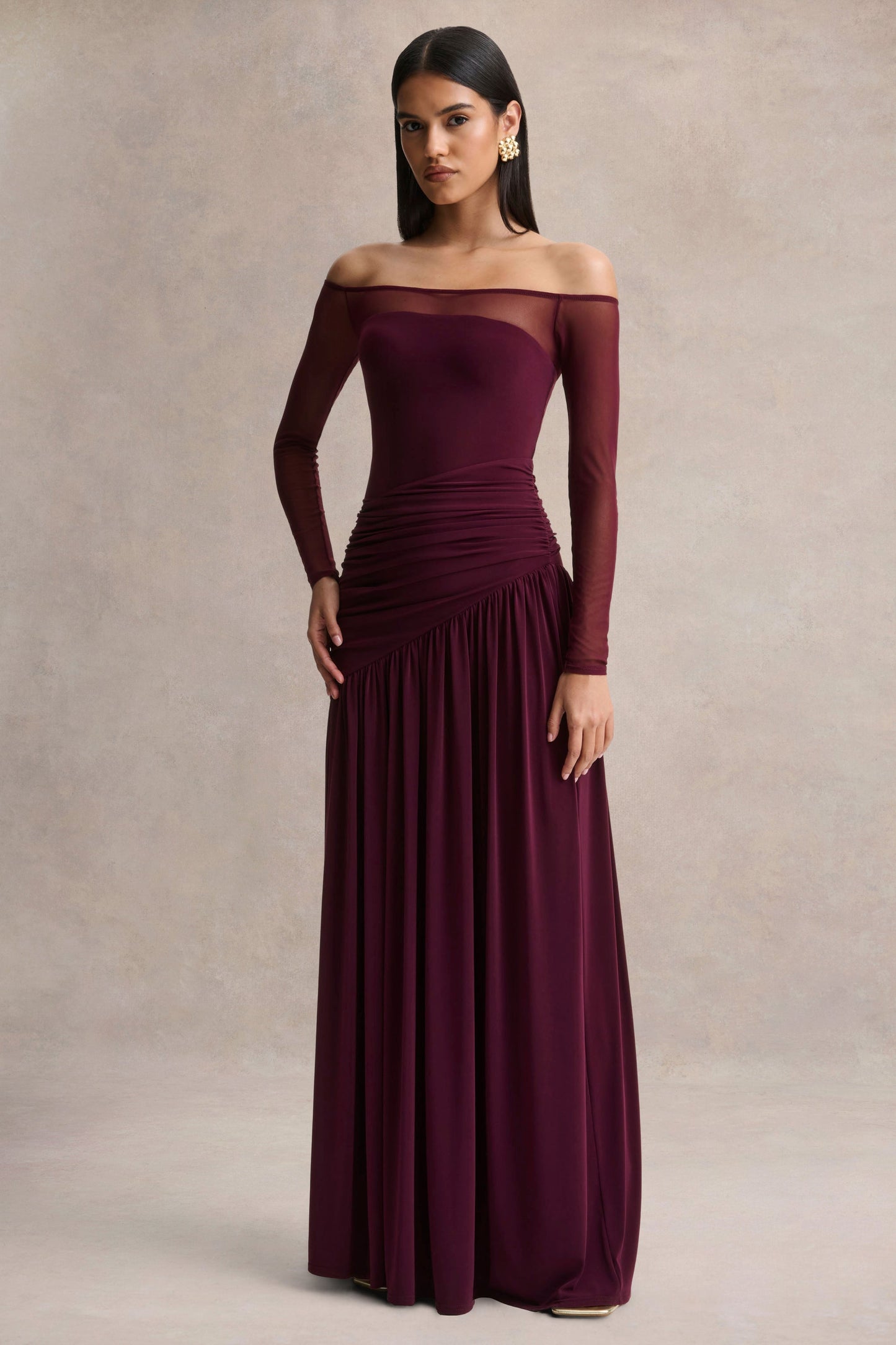 Luminary | Dark Plum Bardot-Neck Maxi Dress With Mesh Sleeves