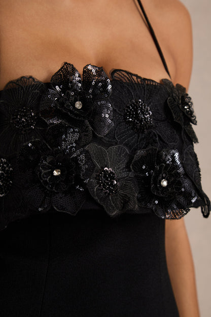 Tempest | Black Halter-Neck Mini Dress With Hand-Embellished Panel