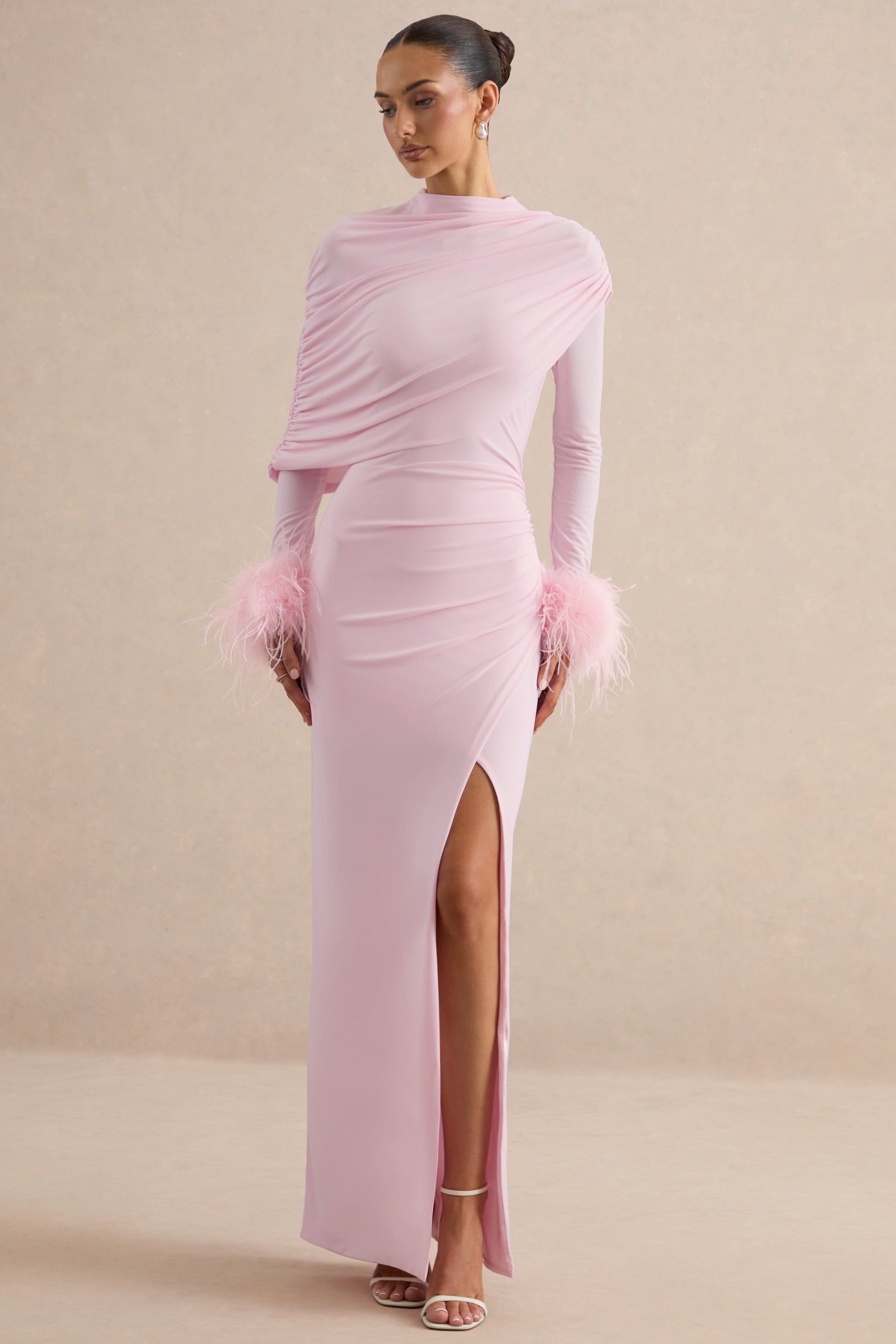 Gatsby | Light Pink High-Neck Maxi Dress With Feather Trim Cuffs