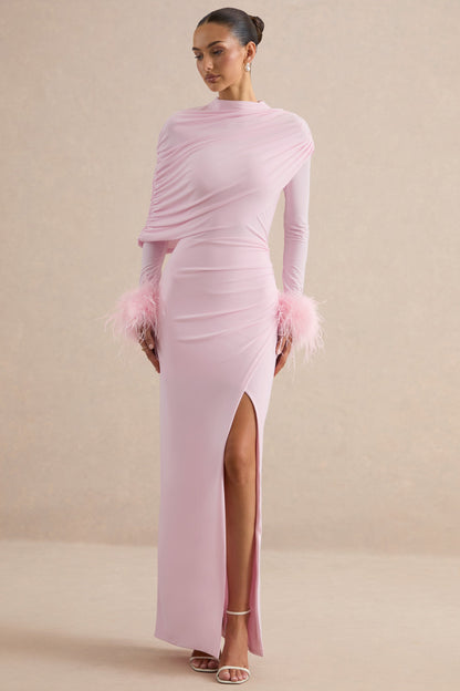 Gatsby | Light Pink High-Neck Maxi Dress With Feather Trim Cuffs