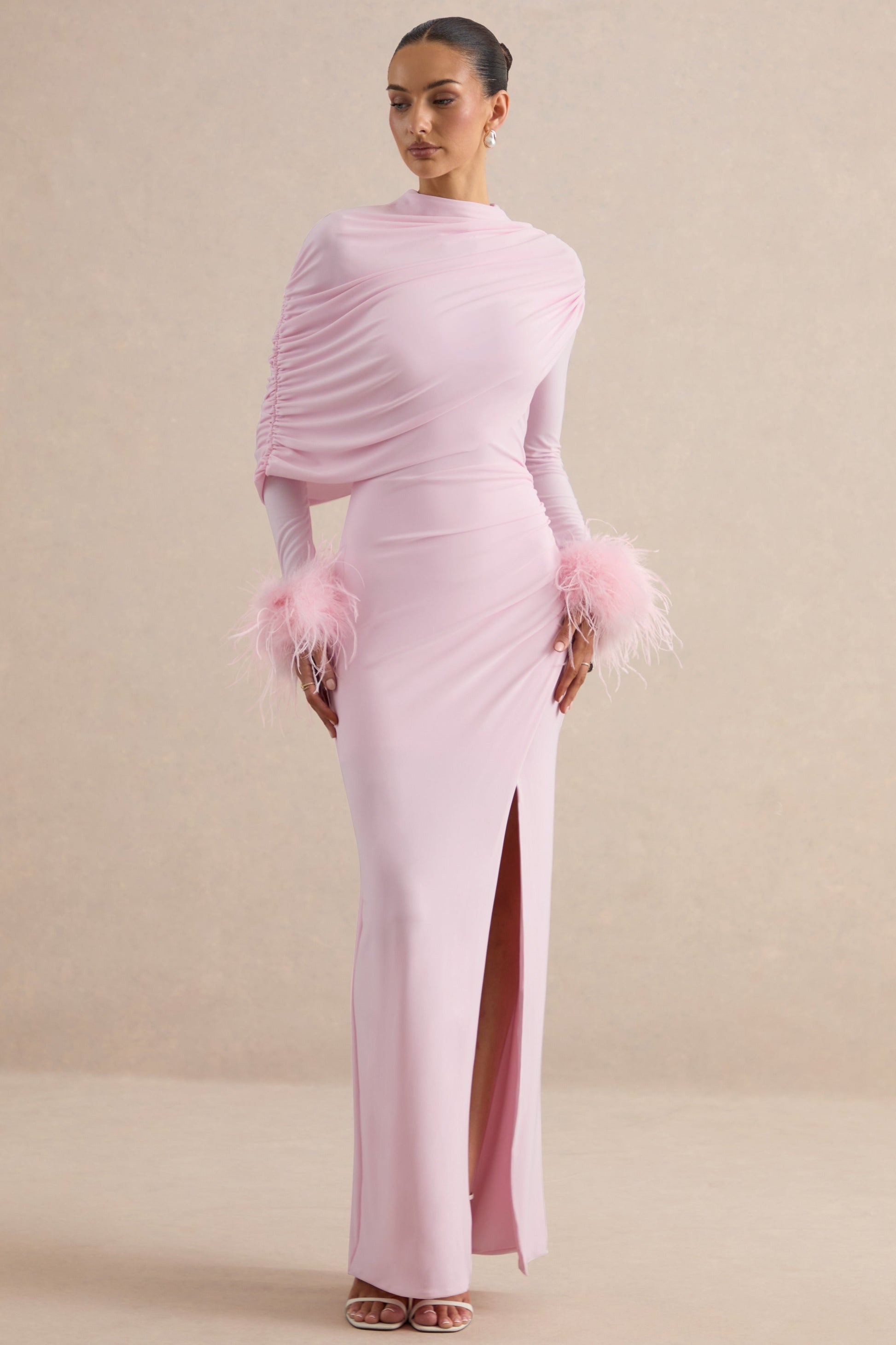 Gatsby | Light Pink High-Neck Maxi Dress With Feather Trim Cuffs