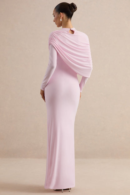 Gatsby | Light Pink High-Neck Maxi Dress With Feather Trim Cuffs