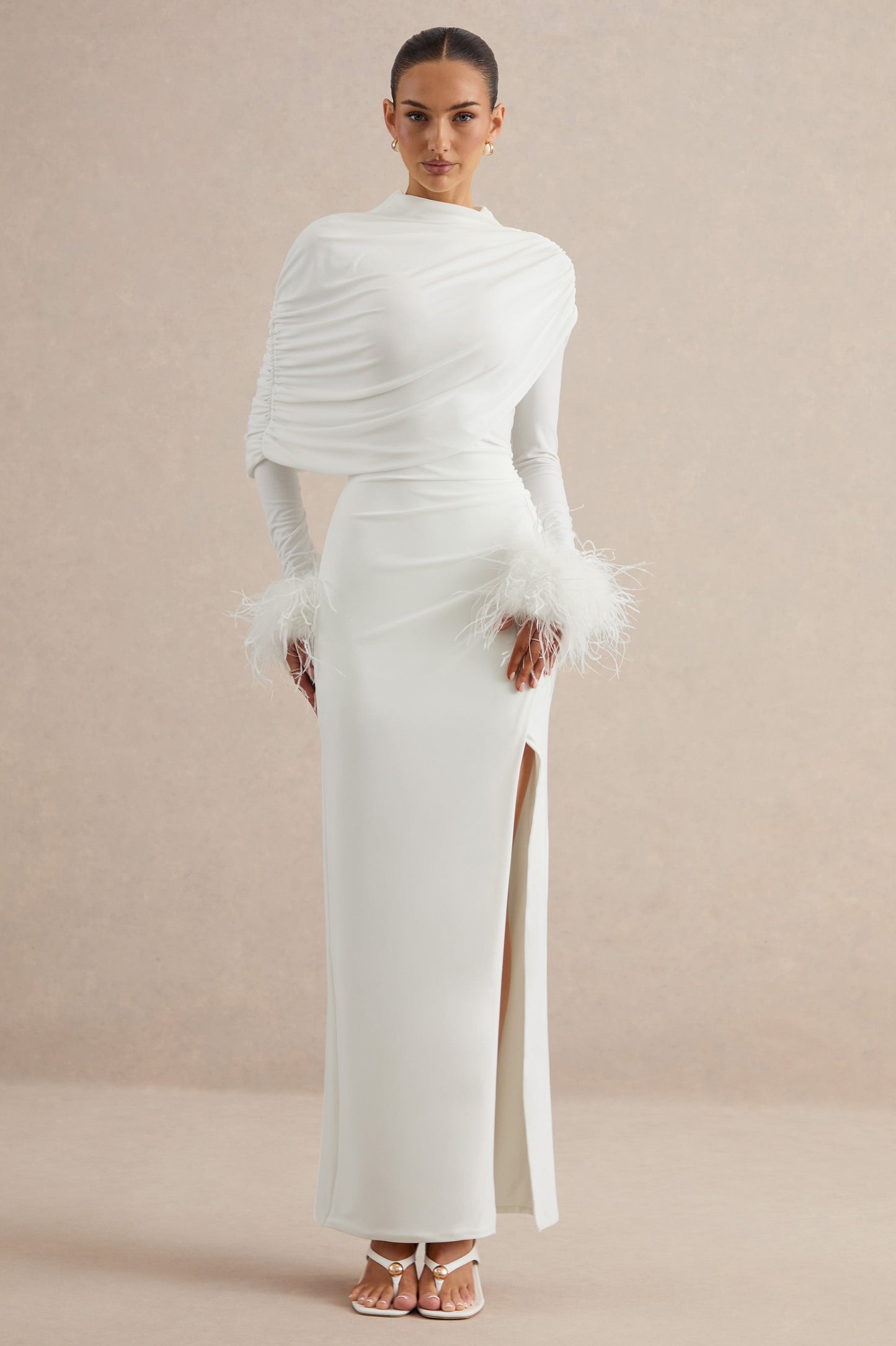 Gatsby | White High-Neck Maxi Dress With Feather Trim Cuffs