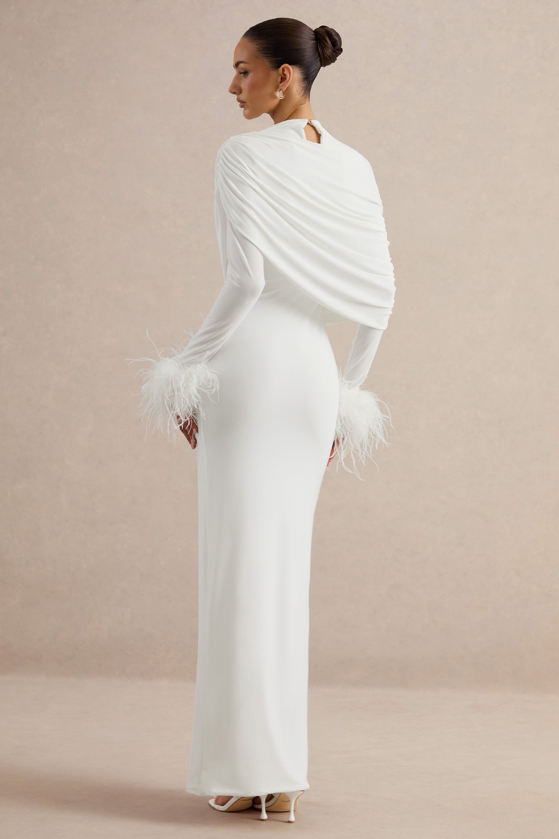 Gatsby | White High-Neck Maxi Dress With Feather Trim Cuffs