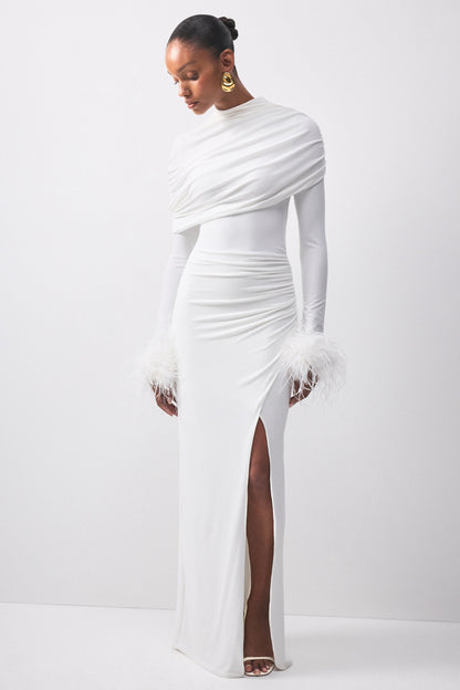 Gatsby | White High-Neck Maxi Dress With Feather Trim Cuffs