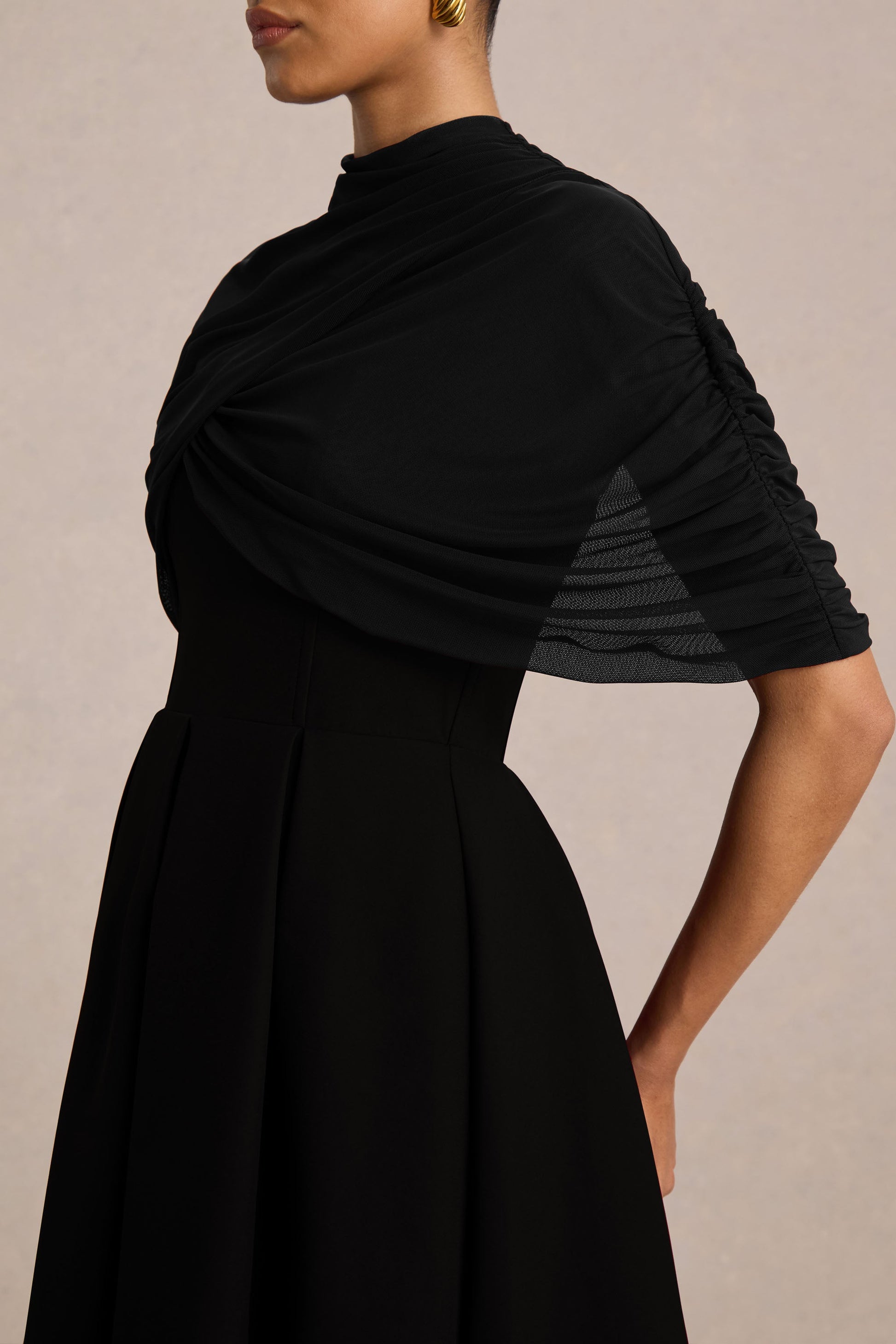 Thalia | Black High-Neck Midi Dress With Sheer Mesh Cape