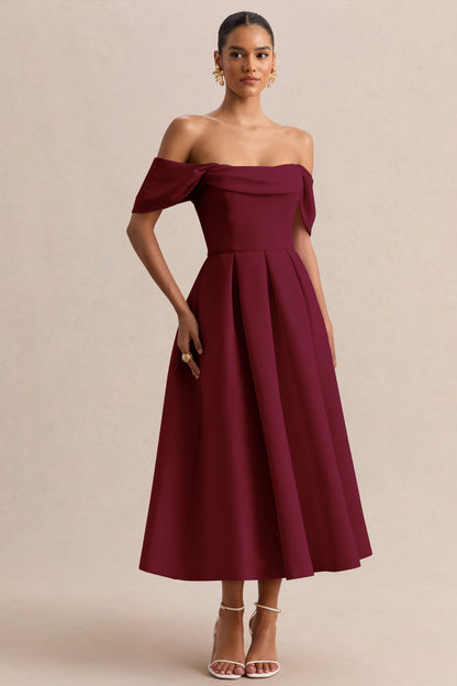 Cosima | Burgundy Bardot-Neck Midi Dress