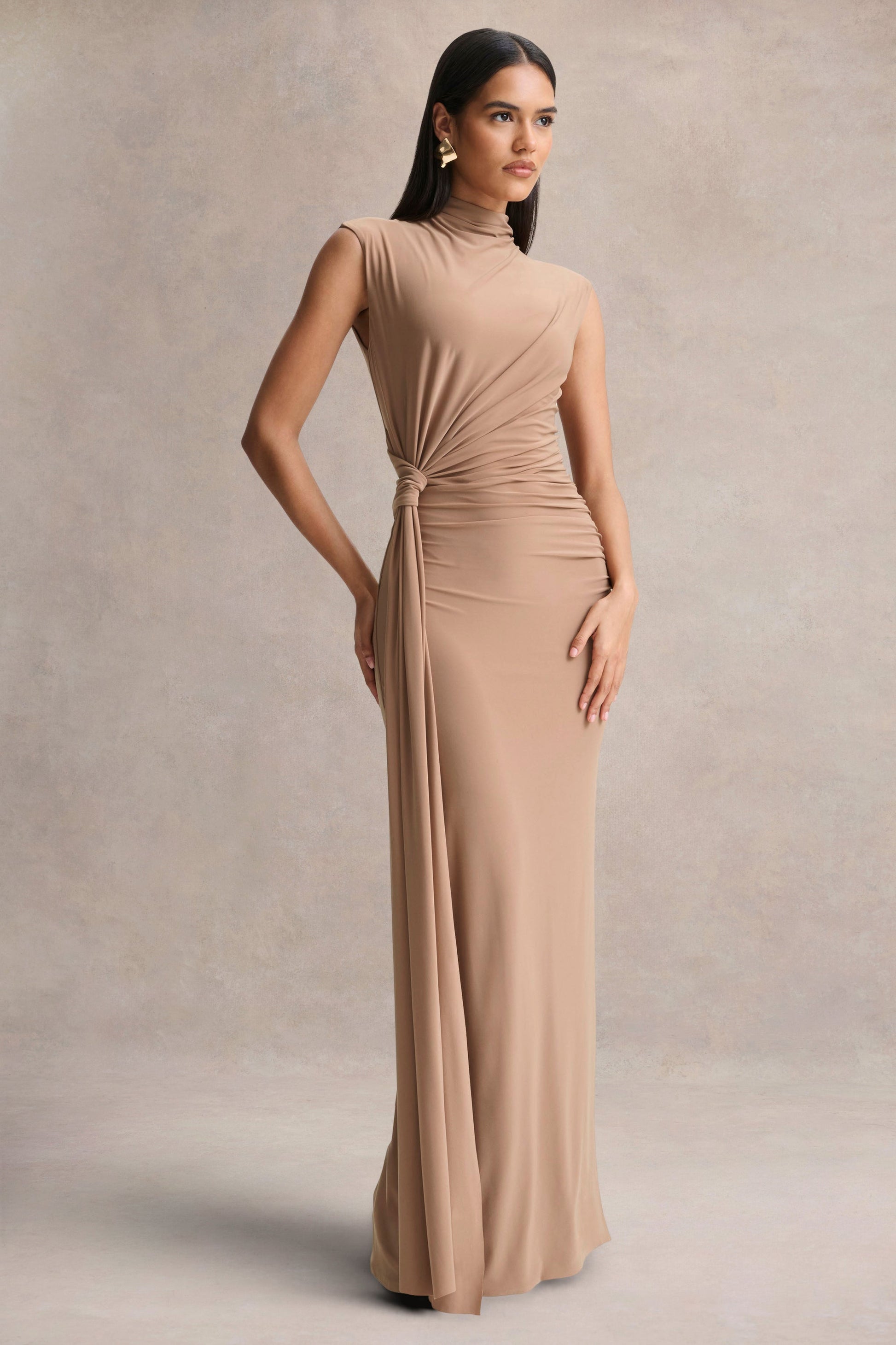 Solene | Brown High-Neck Maxi Dress With Wrap And Drape Detail
