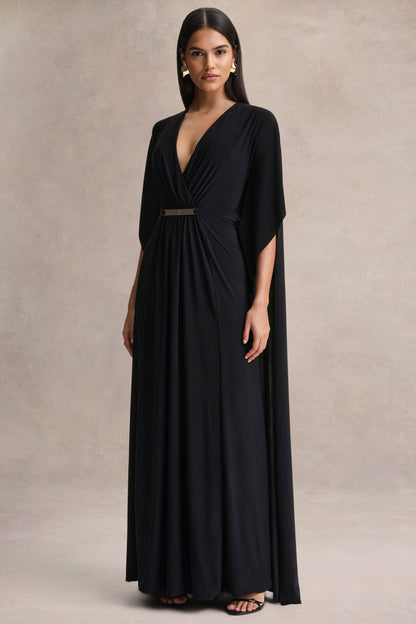 Romilly | Black Plunge-Neck Maxi Dress With Gathered Detail