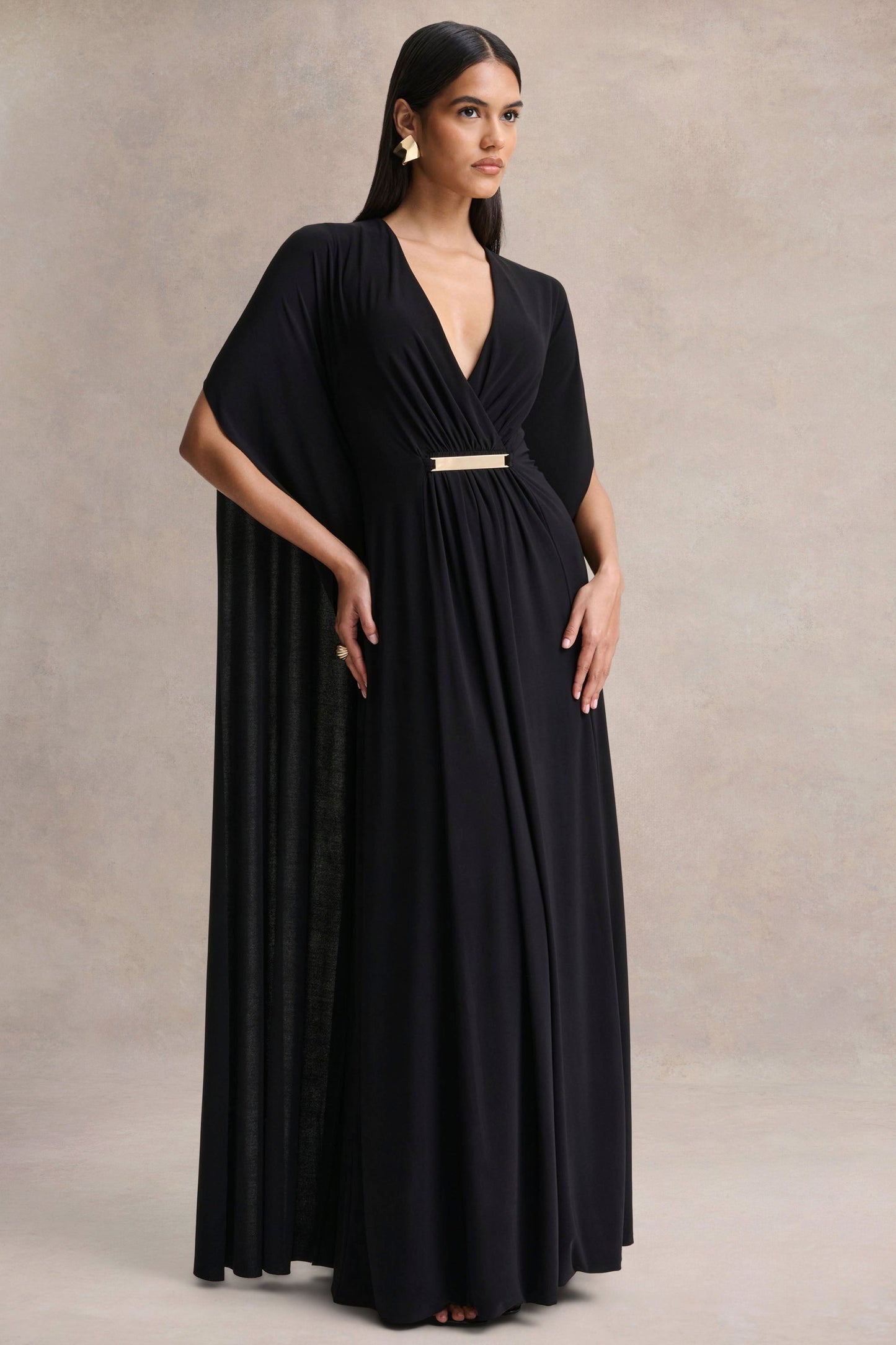 Romilly | Black Plunge-Neck Maxi Dress With Gathered Detail
