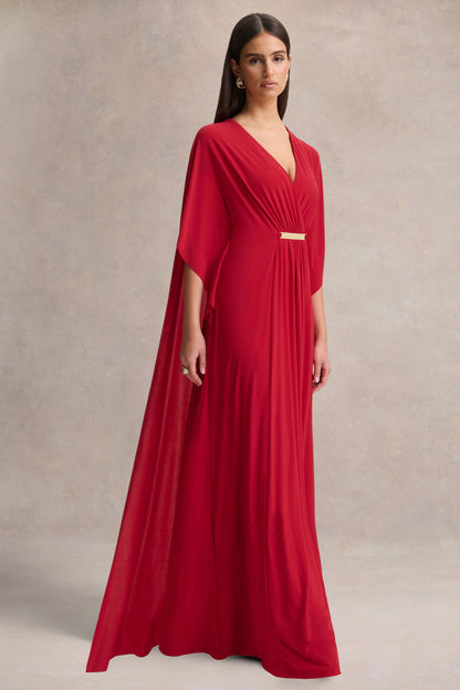 Romilly | Red Plunge-Neck Maxi Dress With Gathered Detail