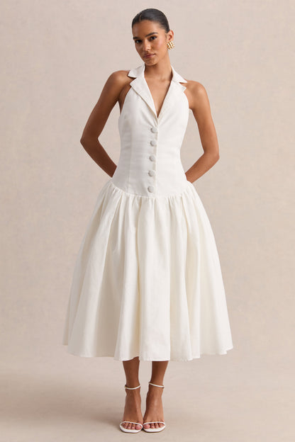 Ella | White Plunge-Neck Midi Dress With Drop-Waist