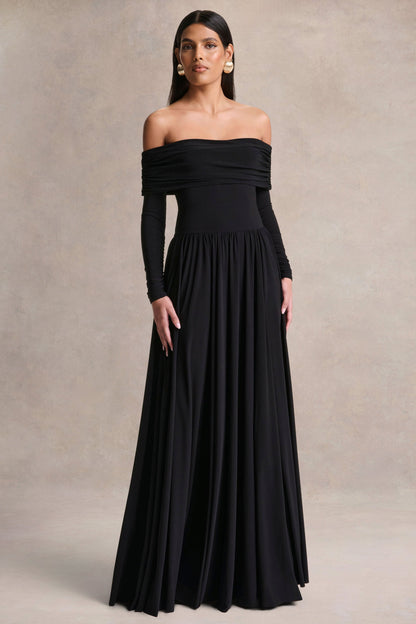 Saskia | Black Bardot-Neck Maxi Dress