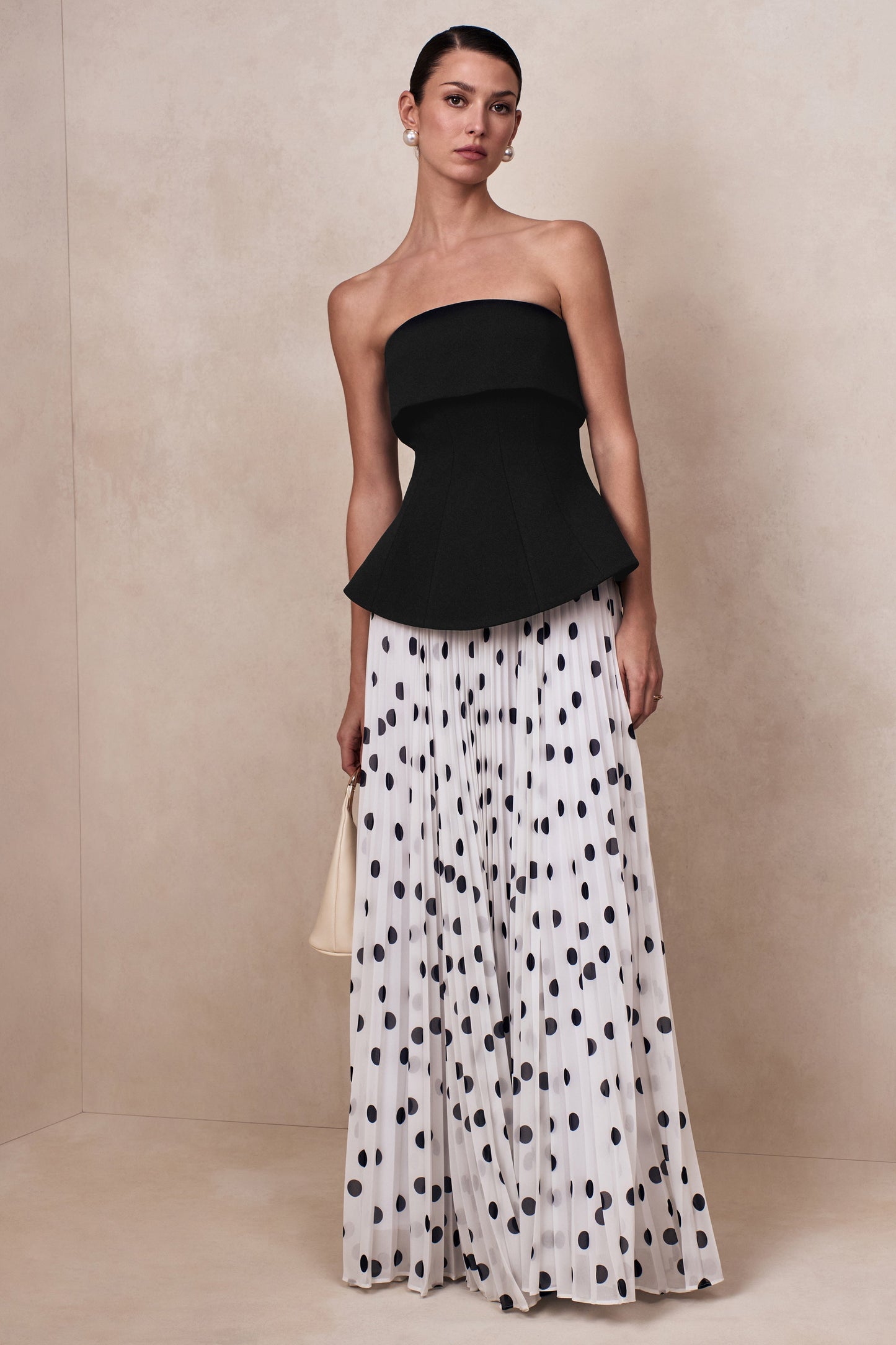 Stellara | Black & White Polka Dot Bandeau Corset Maxi Dress With Sheer Skirt