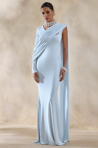 Rubelle | Powder Blue Asymmetric-Neck Maxi Dress With Draped-Detailing