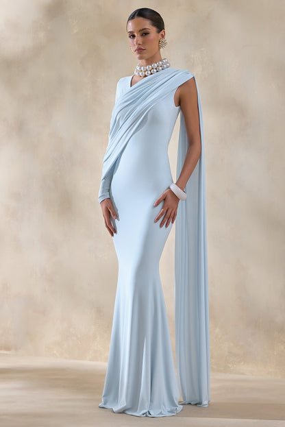 Rubelle | Powder Blue Asymmetric-Neck Maxi Dress With Draped-Detailing