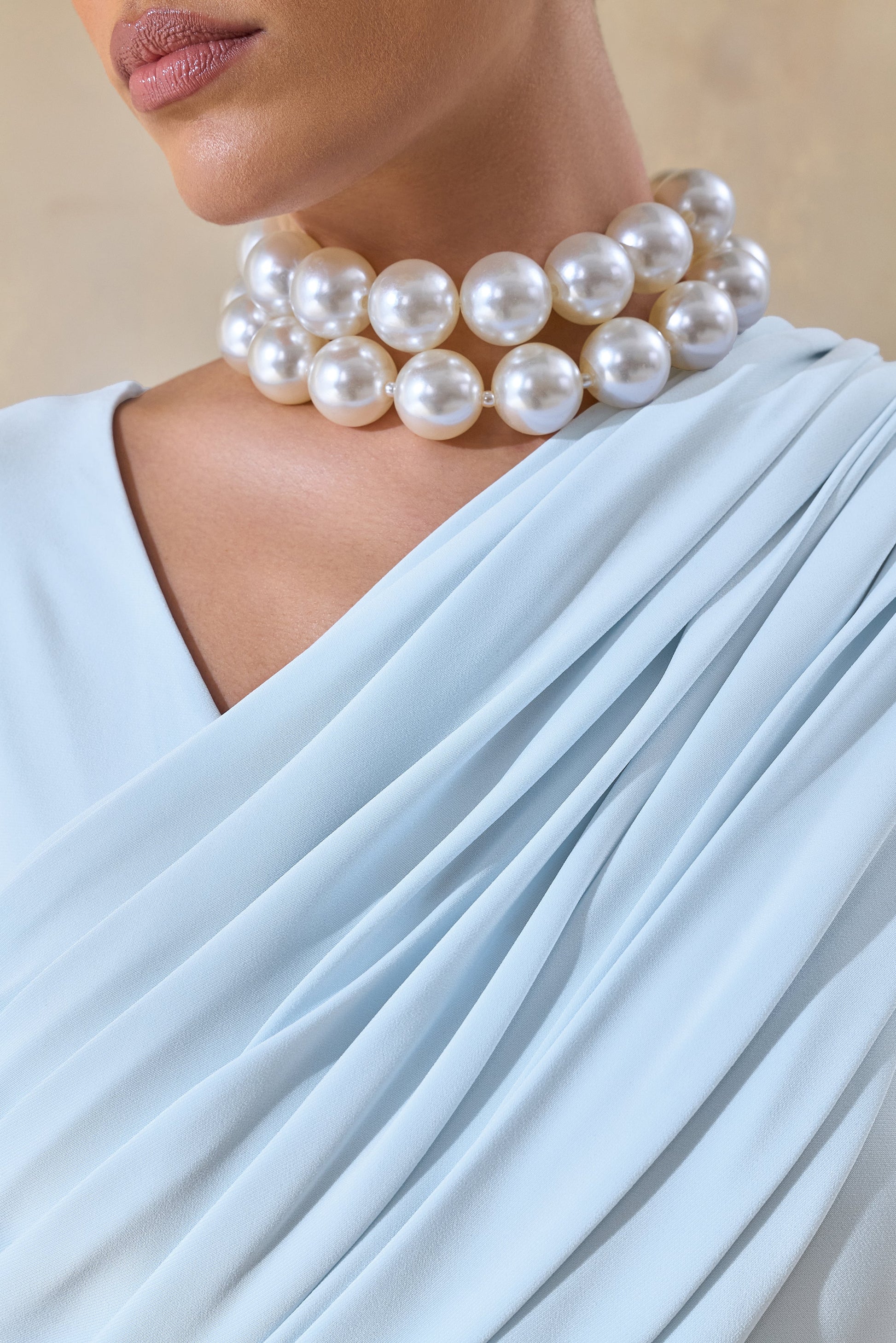 Rubelle | Powder Blue Asymmetric-Neck Maxi Dress With Draped-Detailing