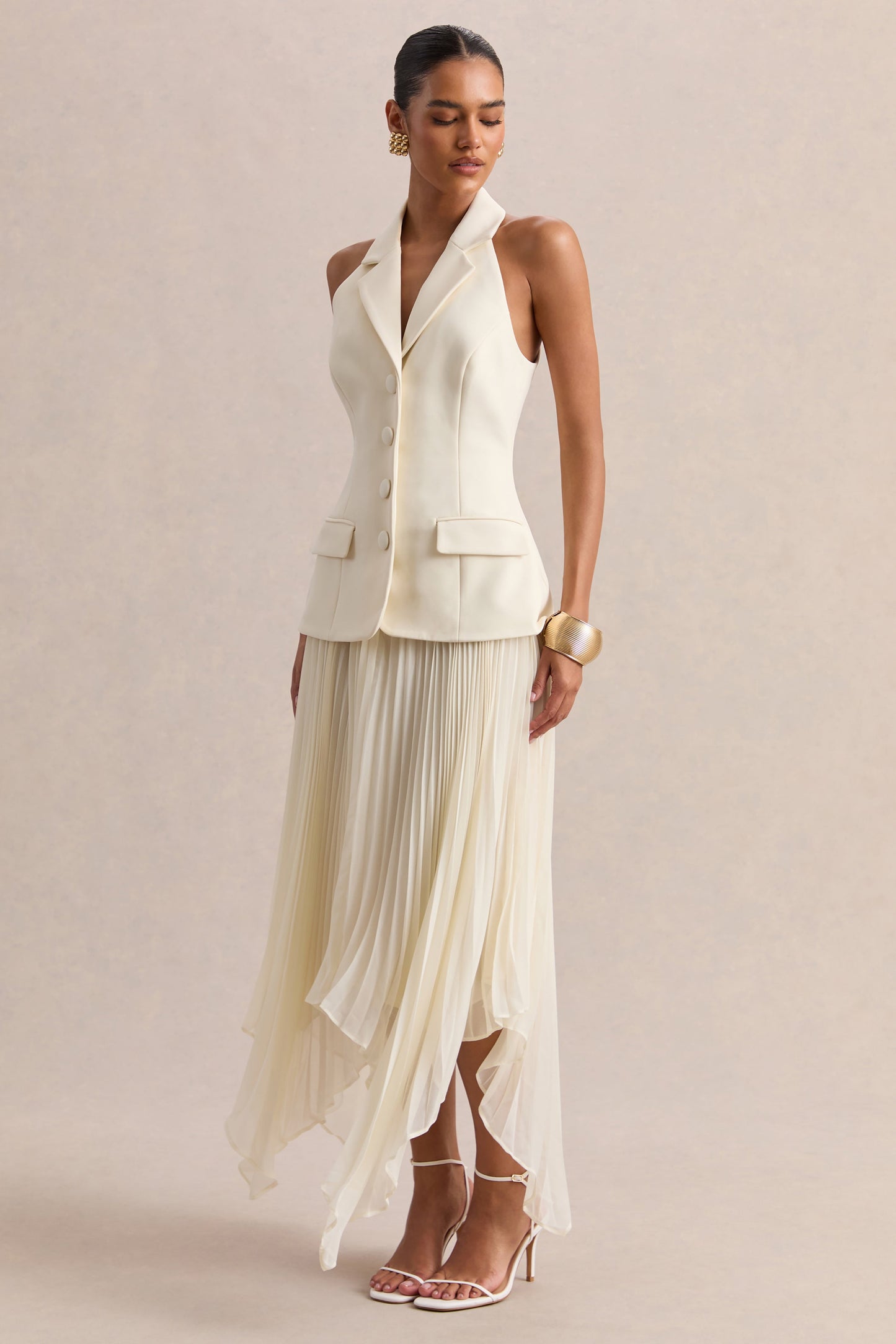 Marvelle | Cream Plunge-Neck Maxi Dress With Hanky Hem