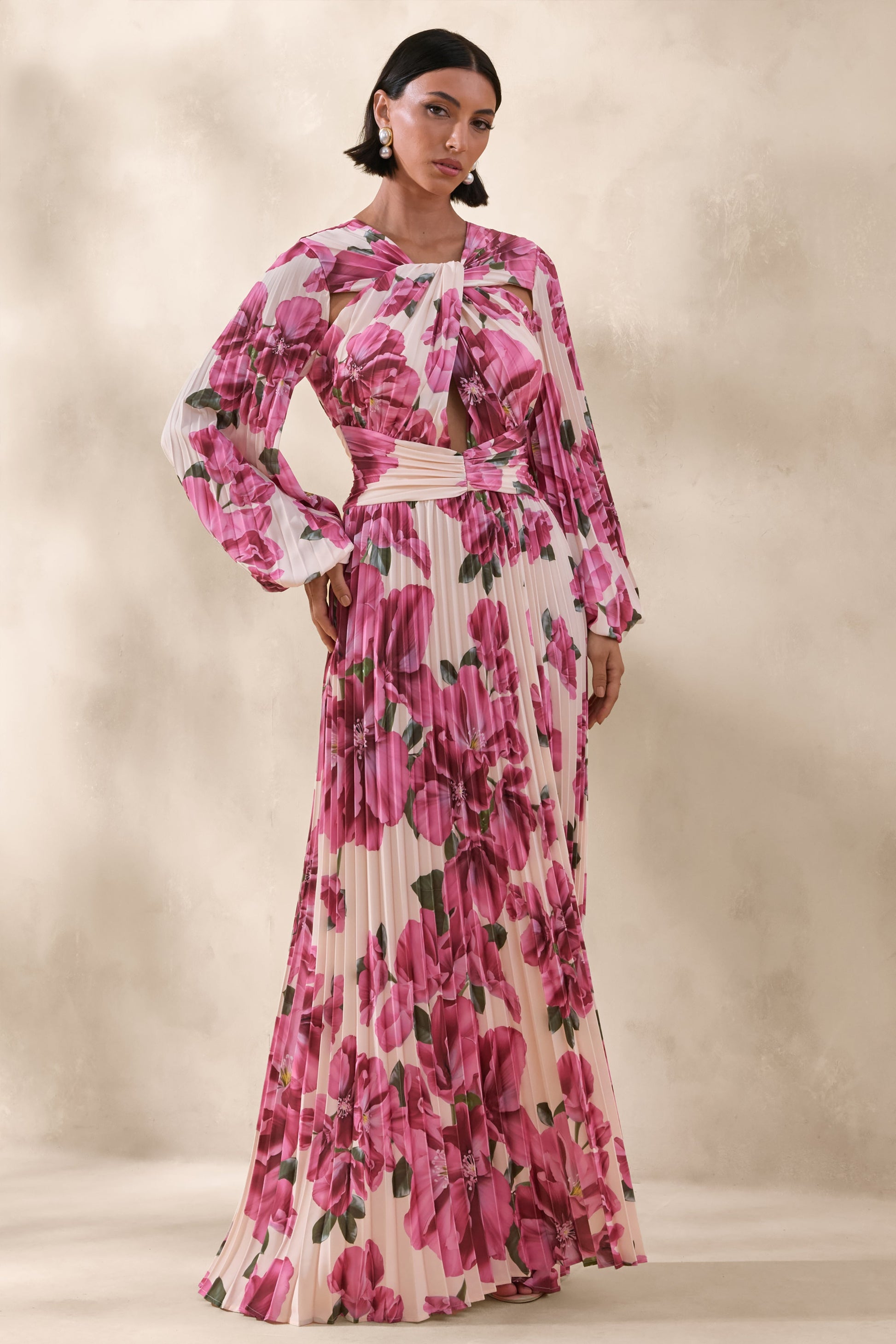 Rionna | Pink Hibiscus Floral Print High-Neck Maxi Dress With Cut-Out Detailing