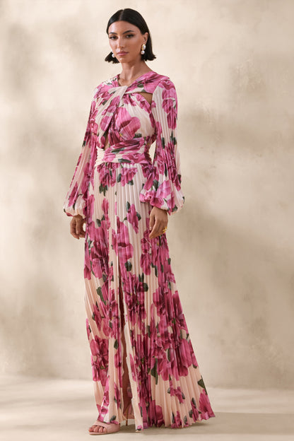 Rionna | Pink Hibiscus Floral Print High-Neck Maxi Dress With Cut-Out Detailing