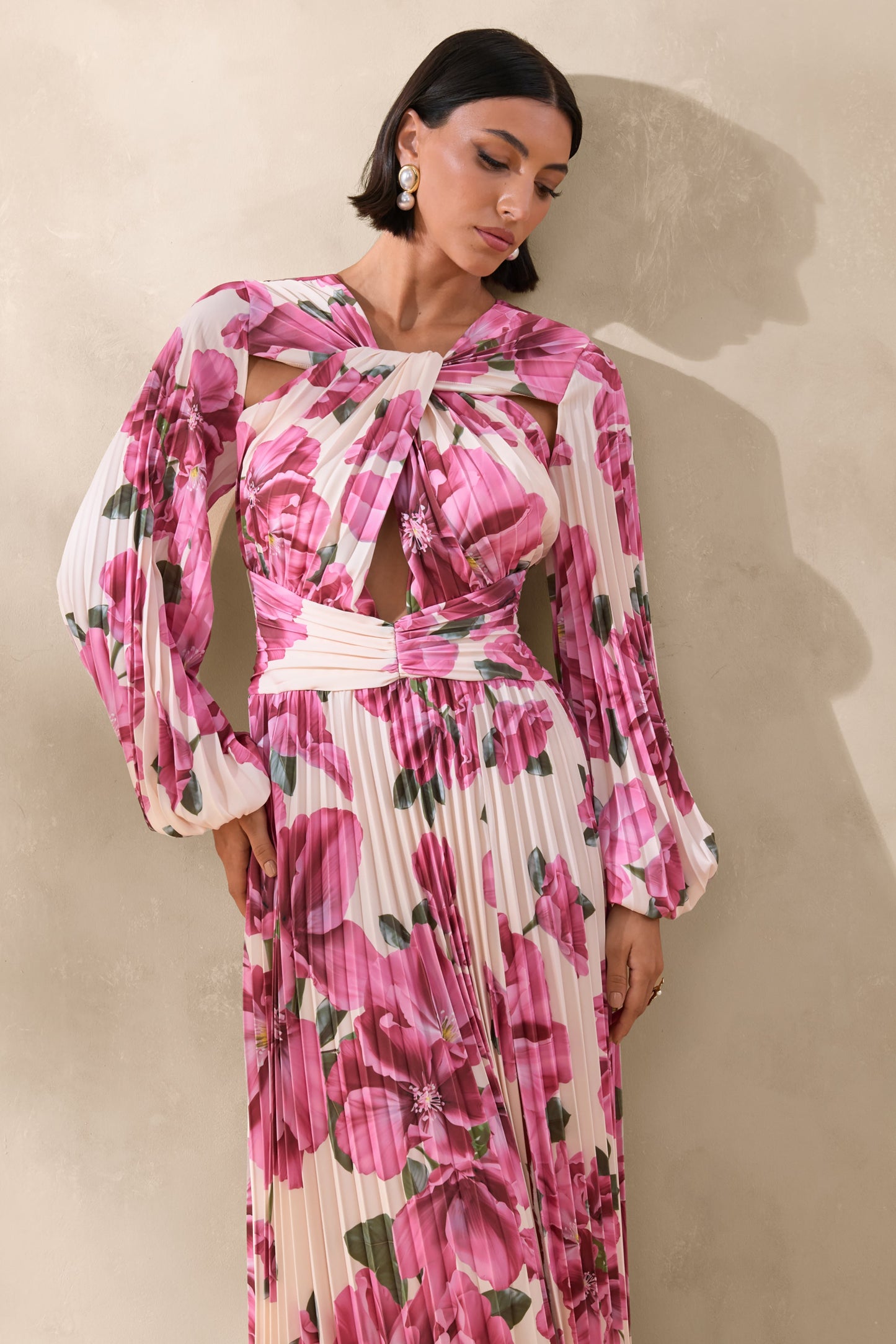 Rionna | Pink Hibiscus Floral Print High-Neck Maxi Dress With Cut-Out Detailing