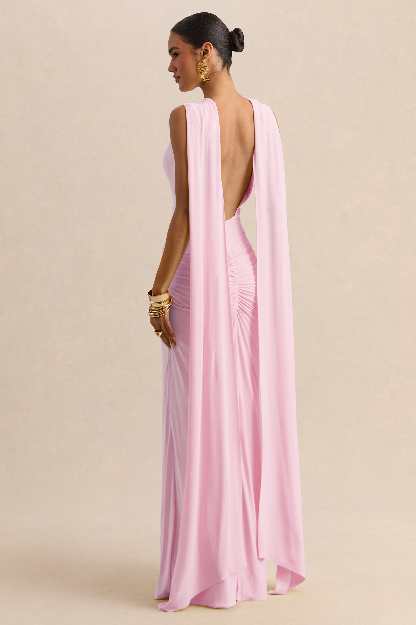 Premiere | Light Pink Boat-Neck Maxi Dress With Cape-Sleeves And Open-Back