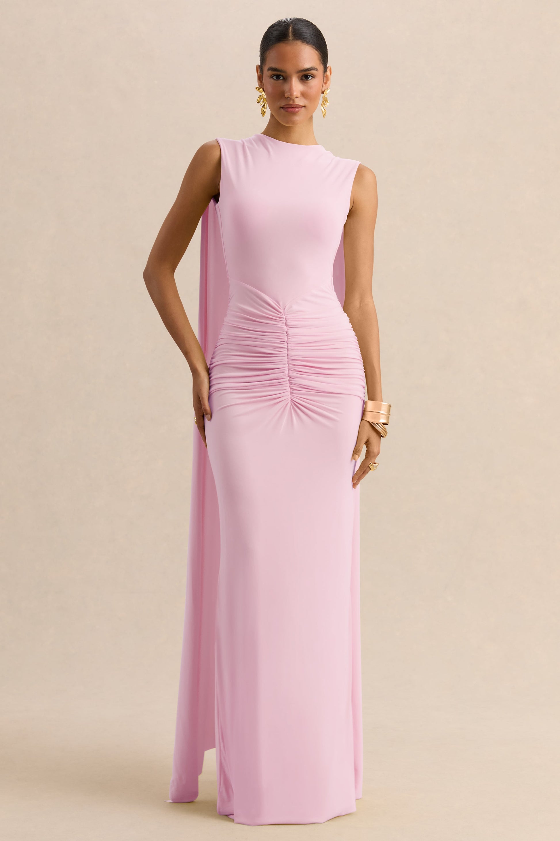 Premiere | Light Pink Boat-Neck Maxi Dress With Cape-Sleeves And Open-Back
