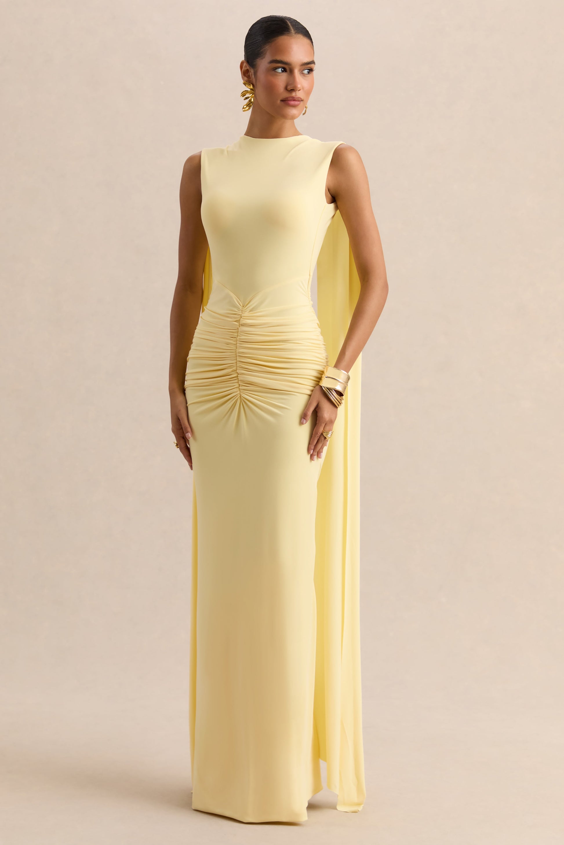 Premiere | Lemon Boat-Neck Maxi Dress With Cape-Sleeves And Open-Back
