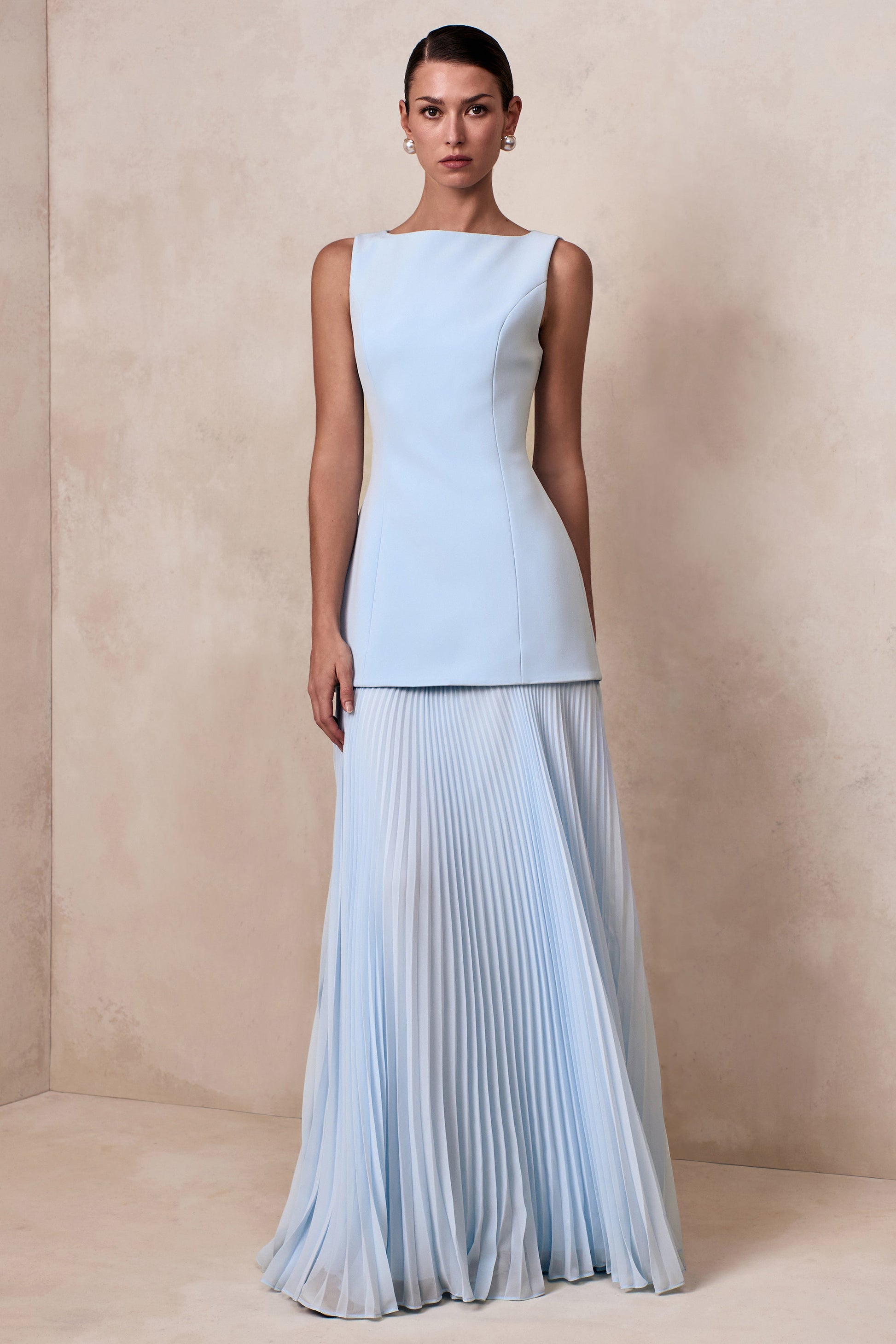 Hadley | Powder Blue Boat-Neck Maxi Dress With Drop-Waist