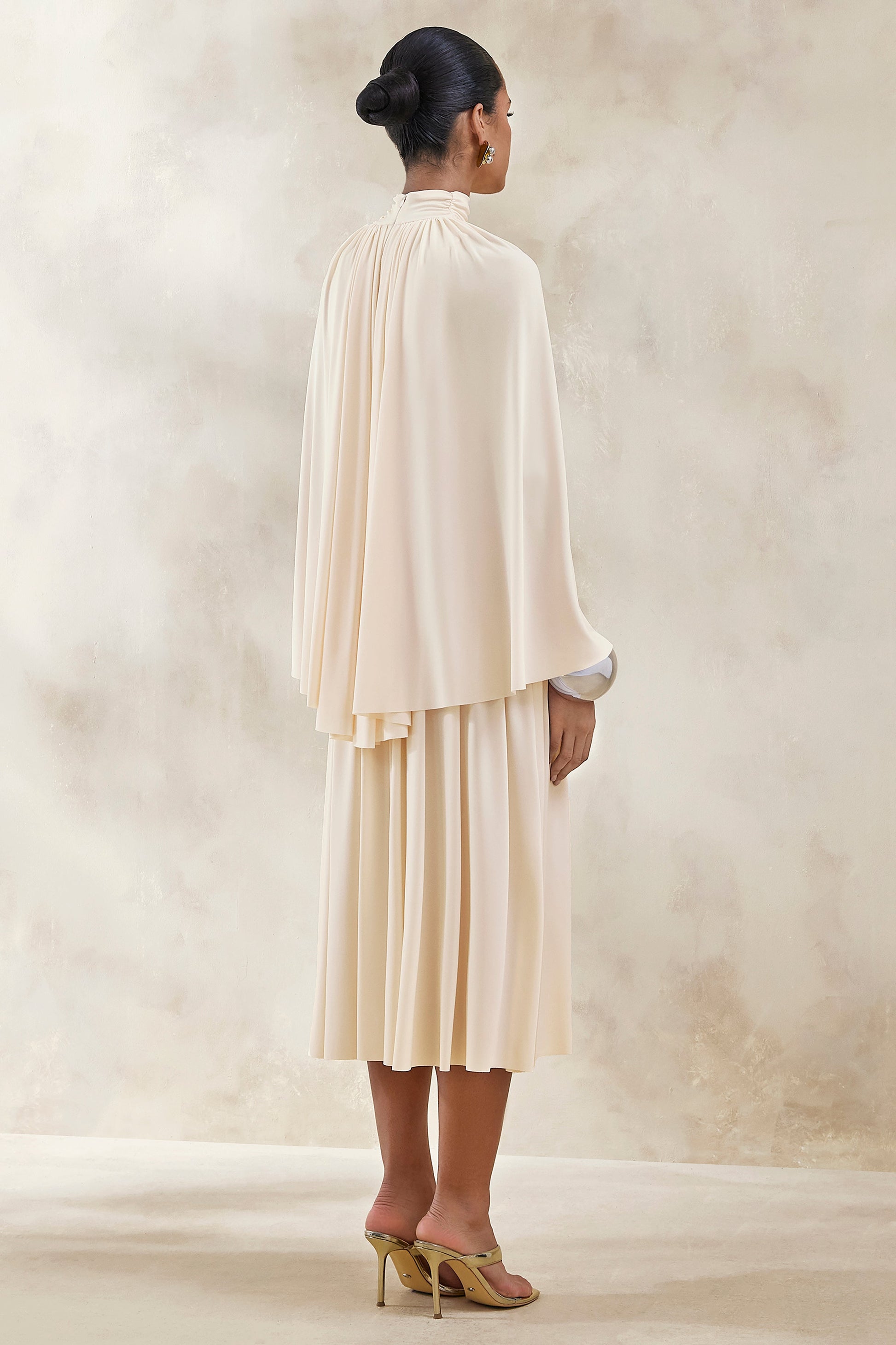 Honora | Cream High-Neck Midi Dress With Cape-Sleeves