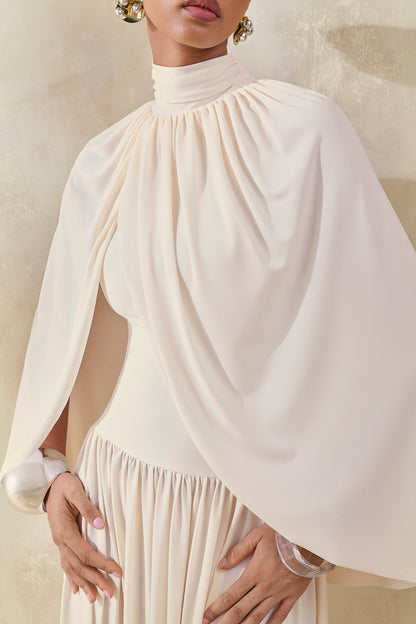 Honora | Cream High-Neck Midi Dress With Cape-Sleeves