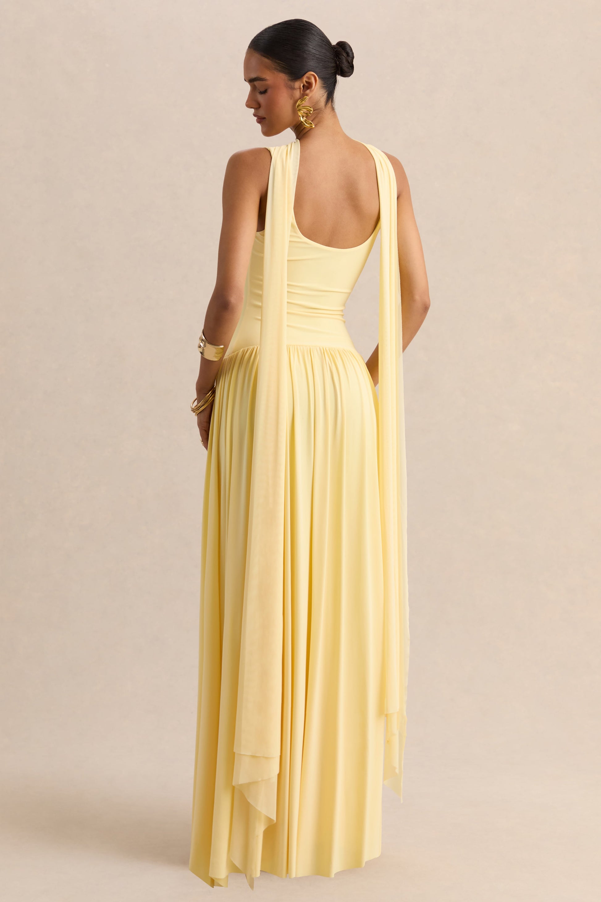 Aurina | Lemon Square-Neck Maxi Dress With Scarf-Detail