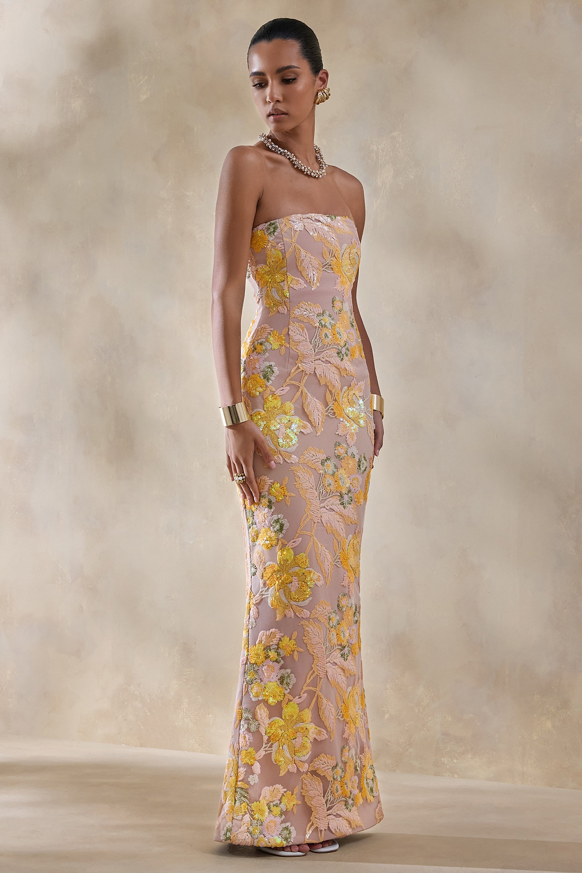 Severn | Yellow Embellished Floral Bandeau Maxi Dress