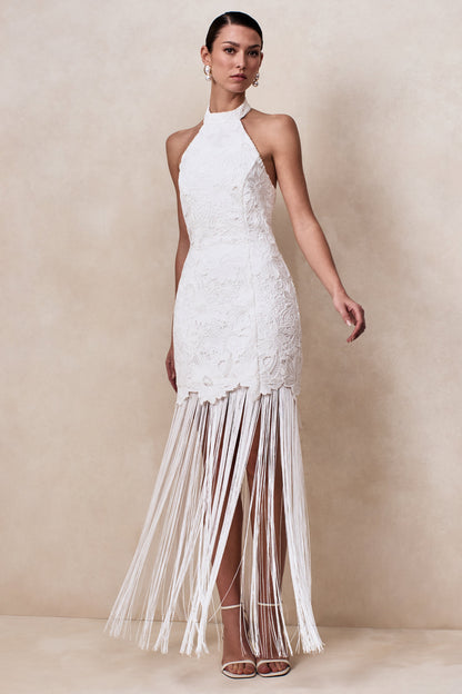 Skylar | White Lace Halter-Neck Maxi Dress With Open-Back And Bow Detail