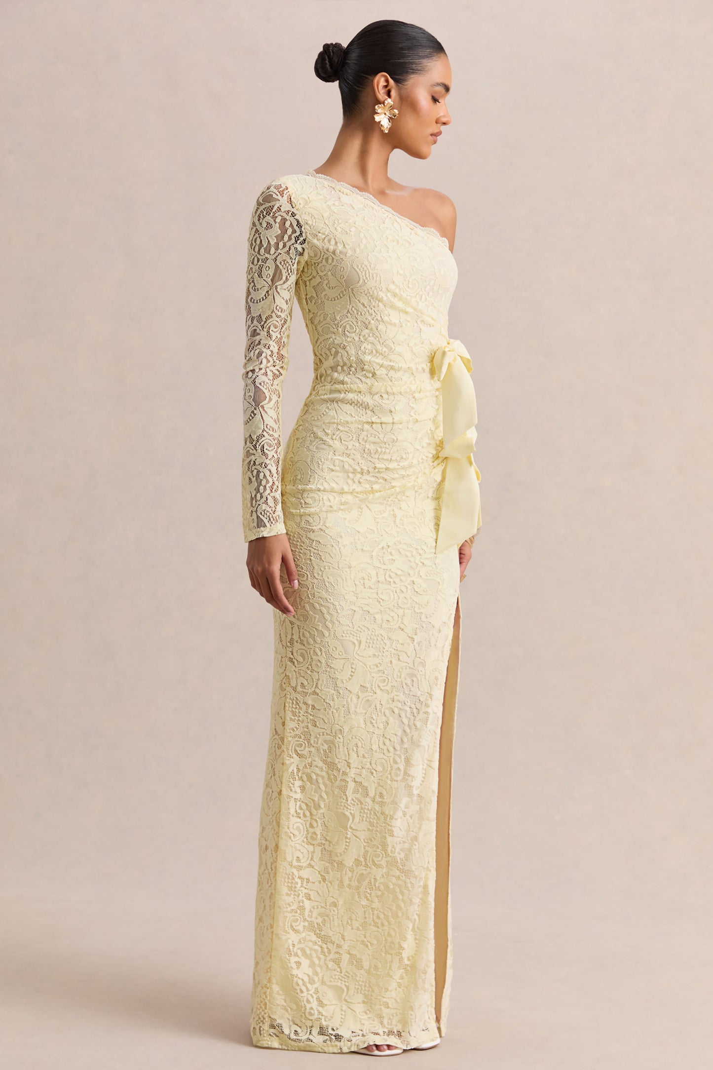 Norna | Lemon Lace Asymmetric-Neck Maxi Dress With Cut-Out And Bow Details