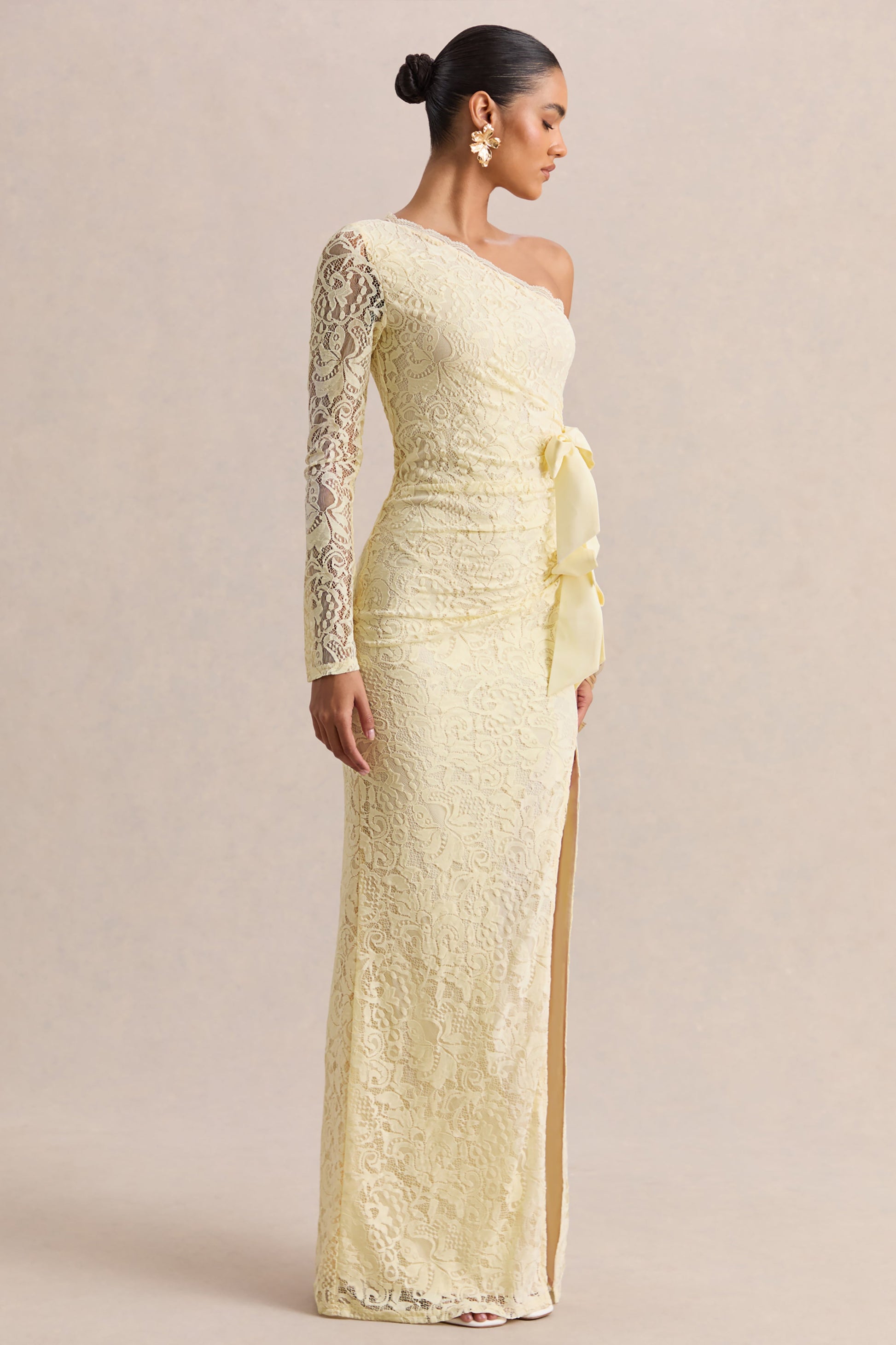 Norna | Lemon Lace Asymmetric-Neck Maxi Dress With Cut-Out And Bow Details