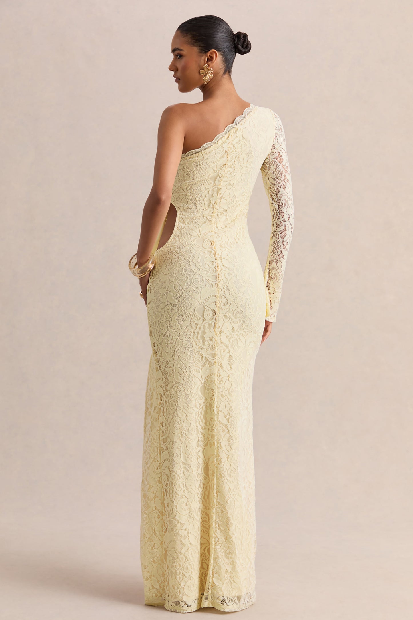 Norna | Lemon Lace Asymmetric-Neck Maxi Dress With Cut-Out And Bow Details