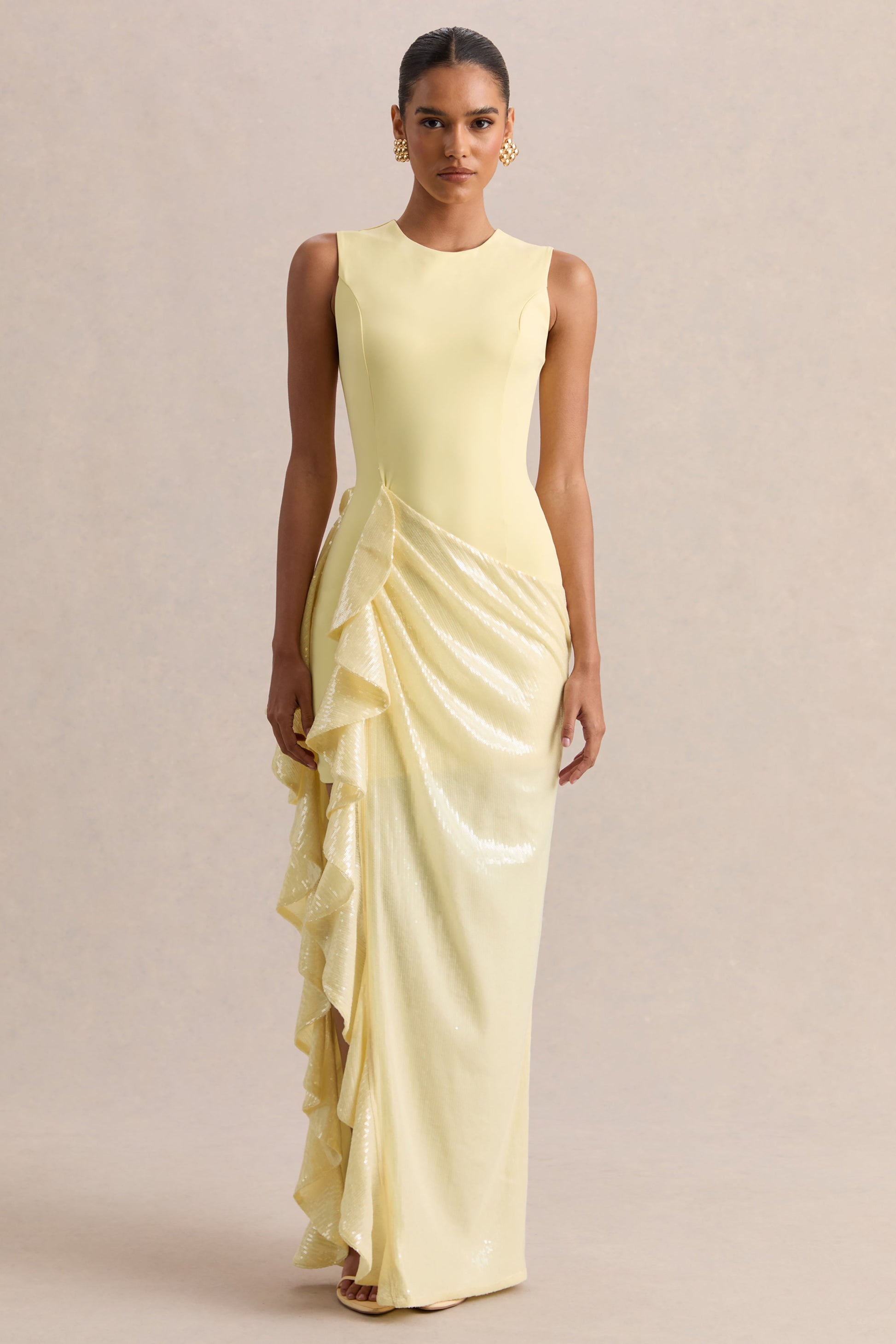 Ada | Lemon Crew-Neck Maxi Dress With Sheer Sequin Skirt And Ruffled Detailing