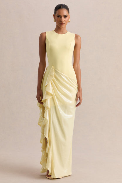 Ada | Lemon Crew-Neck Maxi Dress With Sheer Sequin Skirt And Ruffled Detailing
