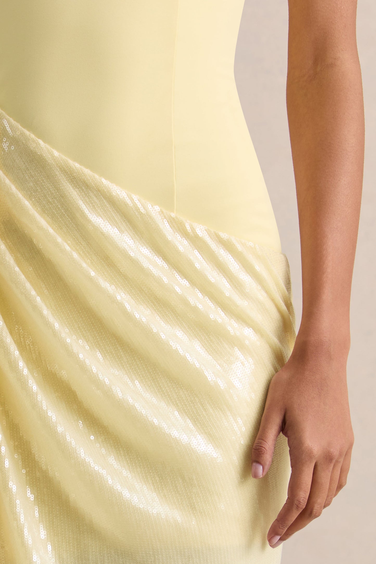 Ada | Lemon Crew-Neck Maxi Dress With Sheer Sequin Skirt And Ruffled Detailing