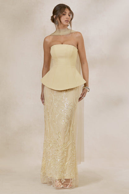 Lorna | Lemon Bandeau Maxi Dress With Scarf