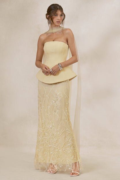 Lorna | Lemon Bandeau Maxi Dress With Scarf