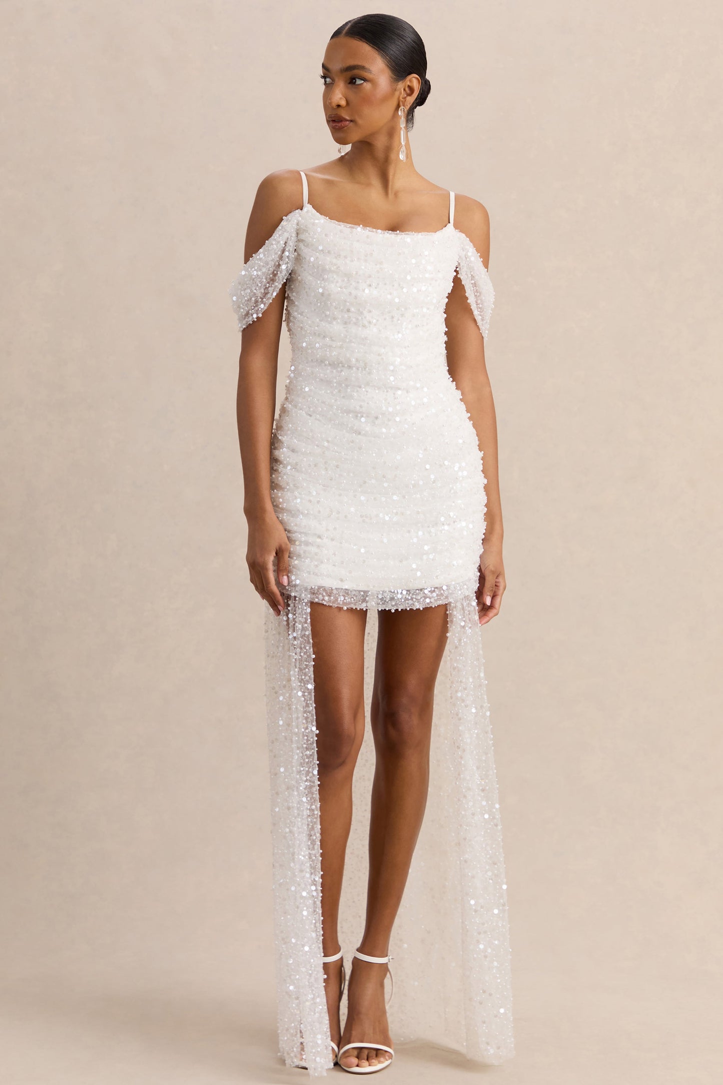 Millie | White Mesh Bardot-Neck Mini Dress With Draped Detailing