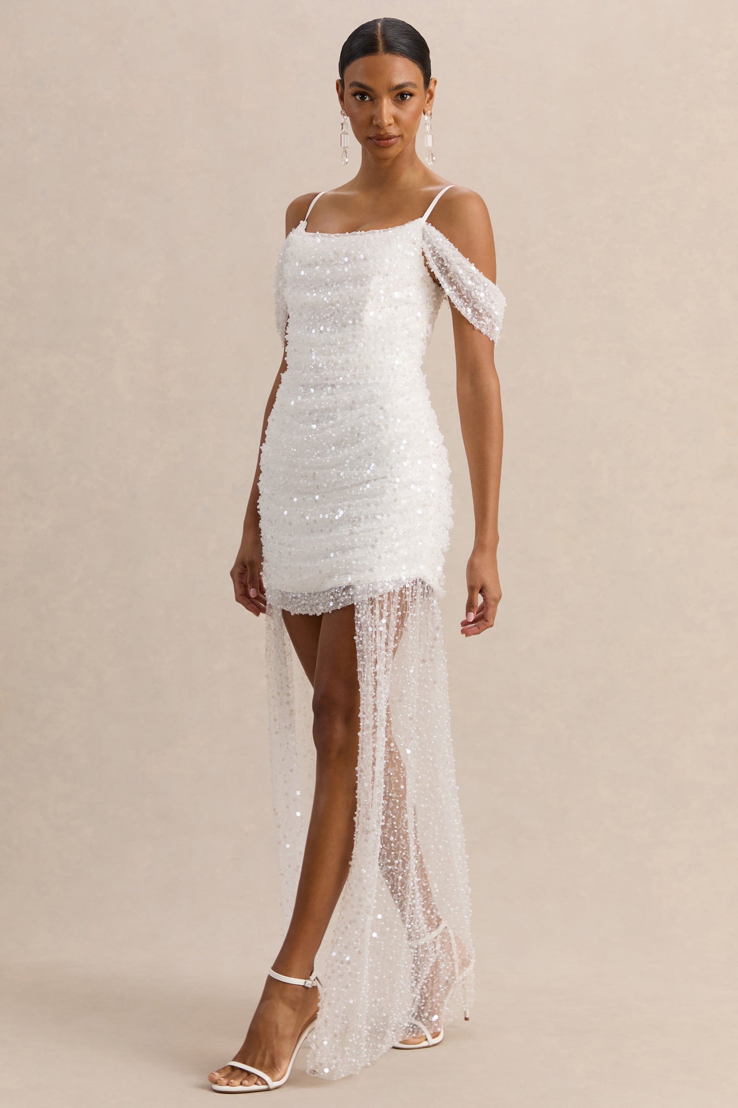 Millie | White Mesh Bardot-Neck Mini Dress With Draped Detailing