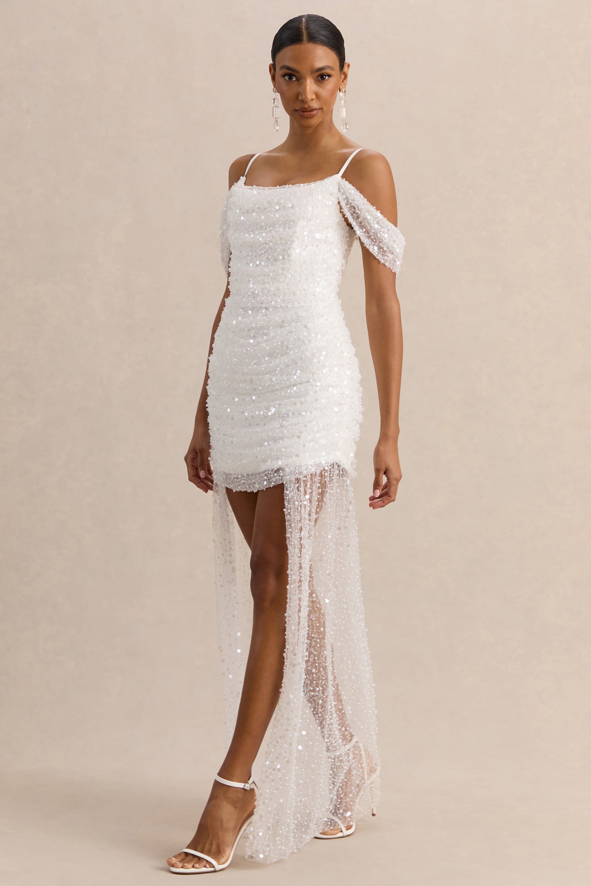 Millie | White Mesh Bardot-Neck Mini Dress With Draped Detailing