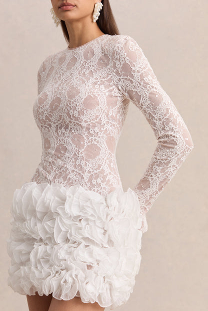 Cecilia | White Crew-Neck Mini Dress With Ruffled Skirt