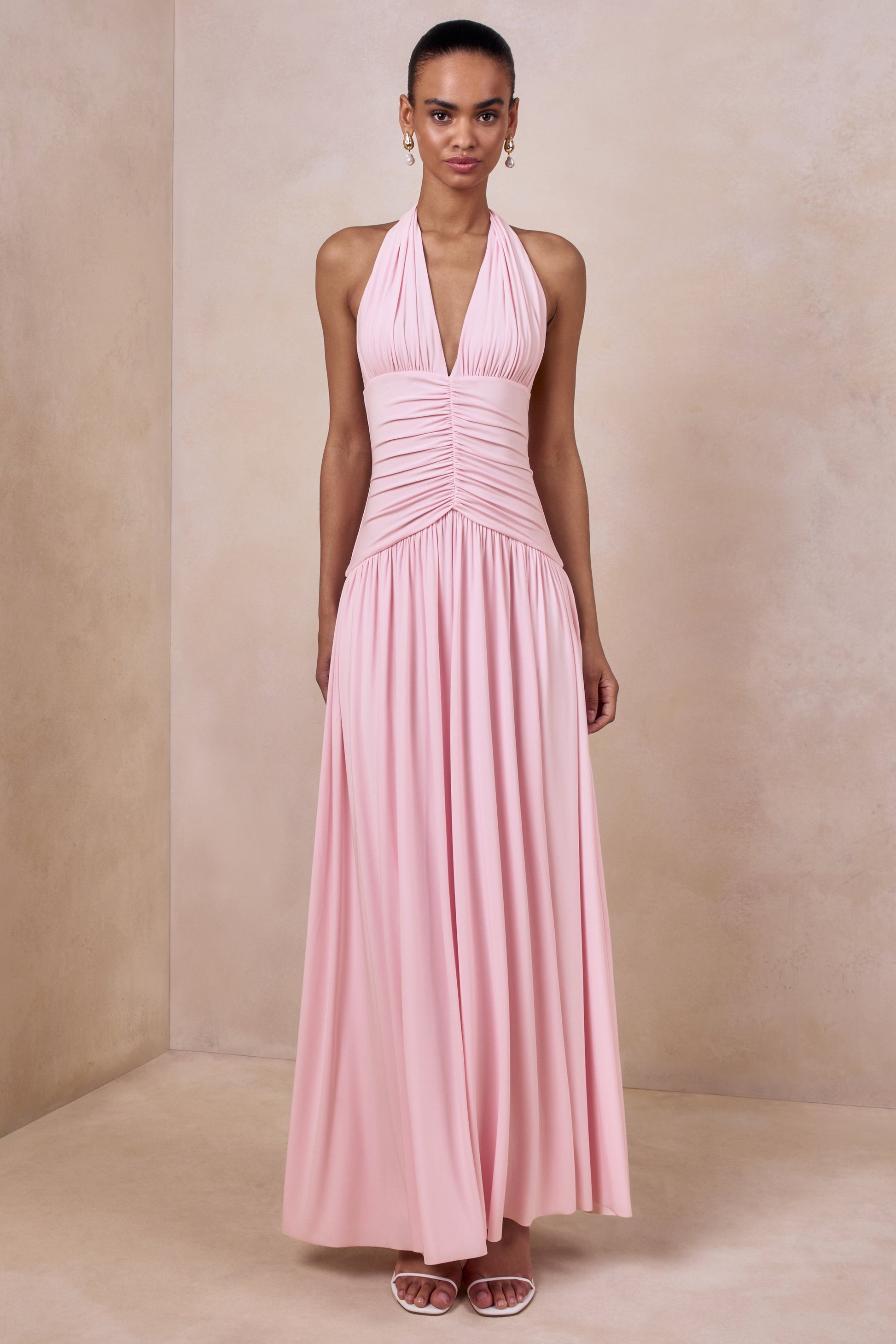 Bettina | Pink Plunge-Neck Maxi Dress With Gathered-Detailing